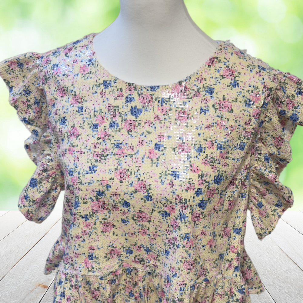 ZARA Top Ditzy Floral Sequined Ruffle Cropped Cottagecore Shimmer Prairie Size M